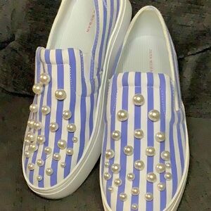 Zara Women Striped Pearl-Embellished Slip-On Sneakers Size 8.5-9 (EU 39)
